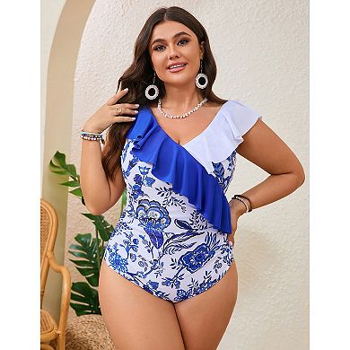 Women's Plus Size One Piece Swimsuit, Ruffle V-Neck Floral Bathing Suit with Ruched Torso