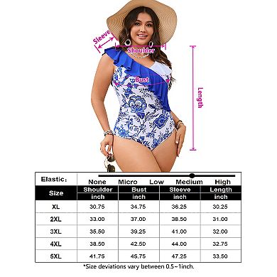 Women's Plus Size One Piece Swimsuit, Ruffle V-Neck Floral Bathing Suit with Ruched Torso