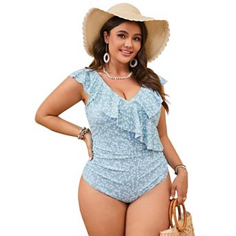 Women's Plus Size One Piece Swimsuit, Ruffle V-Neck Floral Bathing Suit with Ruched Torso