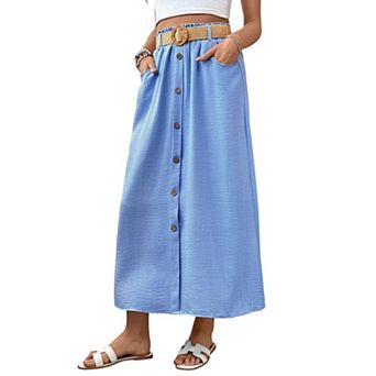 Women Maxi Skirts with Belt High Waisted Button Down A Line Flowy Summer Skirt with Pockets