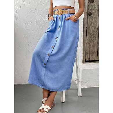 Women Maxi Skirts with Belt High Waisted Button Down A Line Flowy Summer Skirt with Pockets