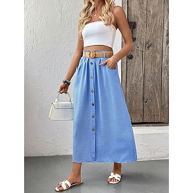 Women Maxi Skirts with Belt High Waisted Button Down A Line Flowy Summer Skirt with Pockets