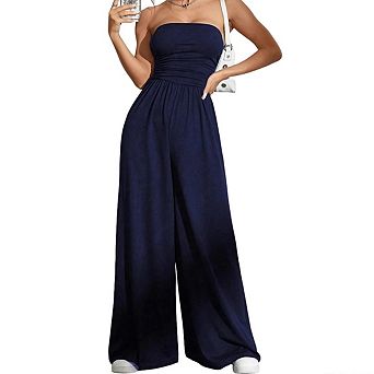 Women's Strapless Tube Wide Leg Jumpsuit Ruched Waist Casual Sleeveless Romper