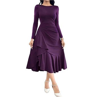 Women's Long Sleeve Ruched Waist Midi Dress Asymmetrical Ruffle Hem Formal Cocktail Dress