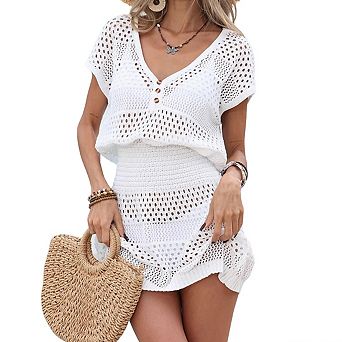 Women's Bohemian Beach Cover-Up Crochet Knit Dress with V-Neck, Short Sleeves and Button Detail