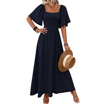 Women's Square Neck Maxi Dress, Flutter Short Sleeve Flowy A-Line Casual Long Dress
