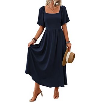Women's Flutter Sleeve Square Neck Maxi Dress Flowy A-Line Casual Long Dress