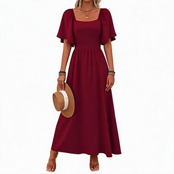 Women's Flutter Sleeve Square Neck Maxi Dress Flowy A-Line Casual Long Dress