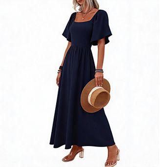 Women's Square Neck Maxi Dress Flutter Short Sleeve Flowy A-Line Long Dress