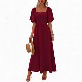 Women's Square Neck Maxi Dress Flutter Short Sleeve Flowy A-Line Long Dress