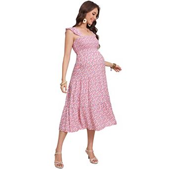 Solid/Floral Boho Maternity Midi Dress Summer Flutter Sleeve Square Neck Long Flowy Tiered Sundress