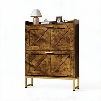 Slim Entryway Shoe Storage, Vintage 2 tier Shoe Cabinet with Flip Drawer and Barn Door,