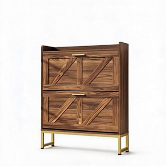Slim Entryway Shoe Storage, Vintage 2 tier Shoe Cabinet with Flip Drawer and Barn Door,