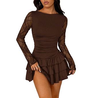 Women's Lace Sleeve Tiered Ruffle Mini Dress Ruched Bodycon Cocktail Dress