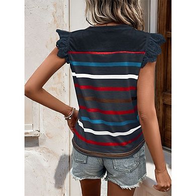 Women's Cap Sleeve Striped Blouse Eyelet Lace Casual Top