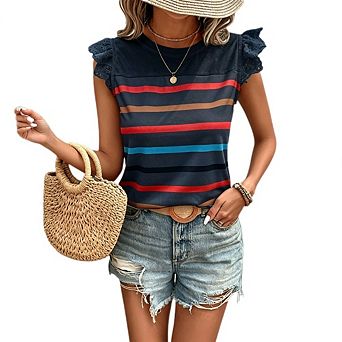 Women's Cap Sleeve Striped Blouse Eyelet Lace Casual Top