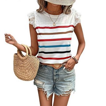 Women's Cap Sleeve Striped Blouse Eyelet Lace Casual Top