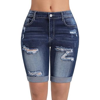 Women's High Waisted Comfortable Jeans Straight Leg Ripped Casual Shorts