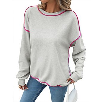 Womens Crew Neck Long Sleeve Contrast Piping Oversized Sweatshirt Summer Fall Shirt Loose Casual Top