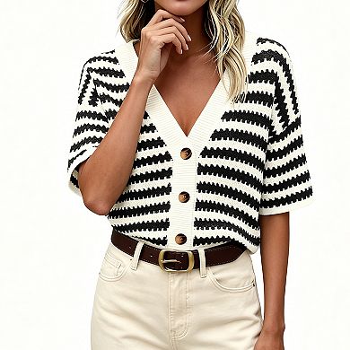 Womens Striped Knit Top Short Sleeve V Neck Hollow Out Button Down Shirts