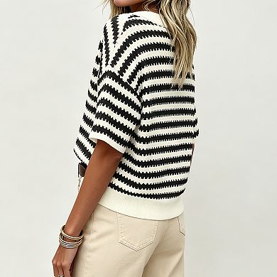 Womens Striped Knit Top Short Sleeve V Neck Hollow Out Button Down Shirts
