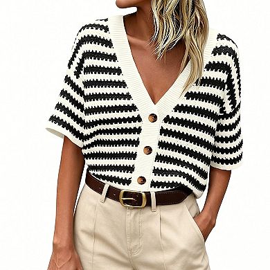 Womens Striped Knit Top Short Sleeve V Neck Hollow Out Button Down Shirts