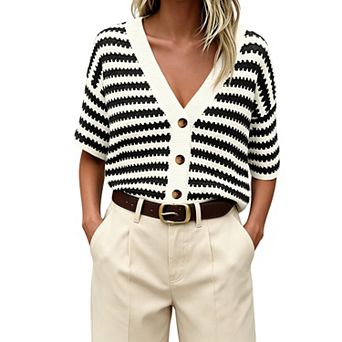 Womens Striped Knit Top Short Sleeve V Neck Hollow Out Button Down Shirts