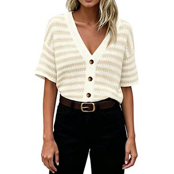 Womens Striped Knit Top Short Sleeve V Neck Hollow Out Button Down Shirts