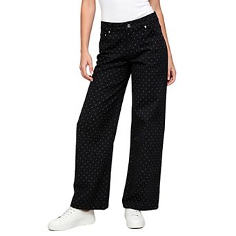 Womens Swiss Dot Wide Leg Jeans Mid Rise Loose Straight Leg Denim Pants with Pockets