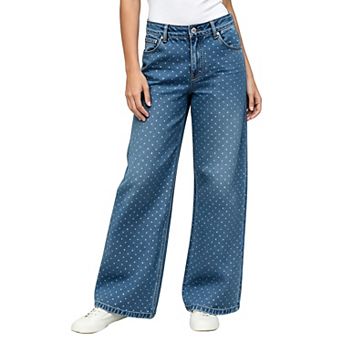 Womens Swiss Dot Wide Leg Jeans Mid Rise Loose Straight Leg Denim Pants with Pockets