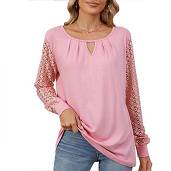 Women's Lace Long Sleeve Keyhole Crew Neck Shirt Summer Fall Boho Top Casual Loose Fit Blouse