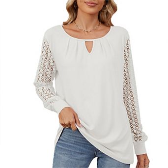 Women's Lace Long Sleeve Keyhole Crew Neck Shirt Summer Fall Boho Top Casual Loose Fit Blouse