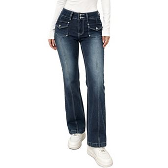 Womens Double Button Jeans Stretch Bootcut Denim Pants with Pockets