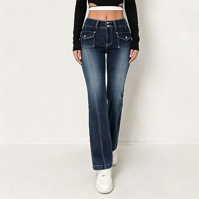 Womens Double Button Jeans Stretch Bootcut Denim Pants with Pockets