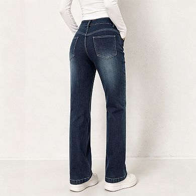 Womens Double Button Jeans Stretch Bootcut Denim Pants with Pockets