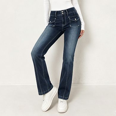 Womens Double Button Jeans Stretch Bootcut Denim Pants with Pockets
