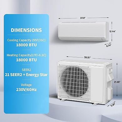 18,000 BTU Mini Split AC/Heating System, Mini Split Air Conditioners, 21 SEER2, 230V WIFI Enabled