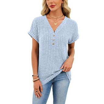 Women's Ribbed Knit V Neck Short Sleeve Shirt Button Down Summer Tunic Top Casual Boho Blouse
