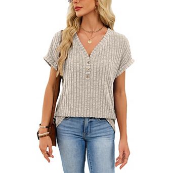 Women's Ribbed Knit V Neck Short Sleeve Shirt Button Down Summer Tunic Top Casual Boho Blouse