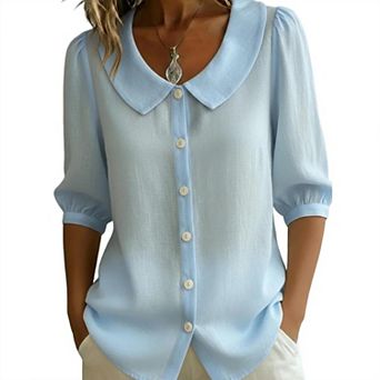 Women's Peter Pan Collar Puff Short Sleeve Shirt Button Down Summer Top Casual Boho Loose Fit Blouse