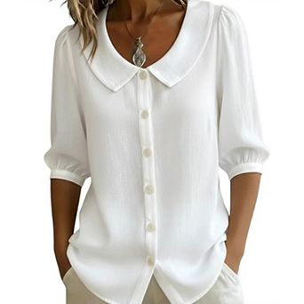 Women's Peter Pan Collar Puff Short Sleeve Shirt Button Down Summer Top Casual Boho Loose Fit Blouse