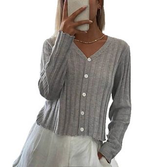 Women Ribbed Knit V Neck Button Front Shirt Long Sleeve Summer Cropped Cardigan Casual Loose Fit Top
