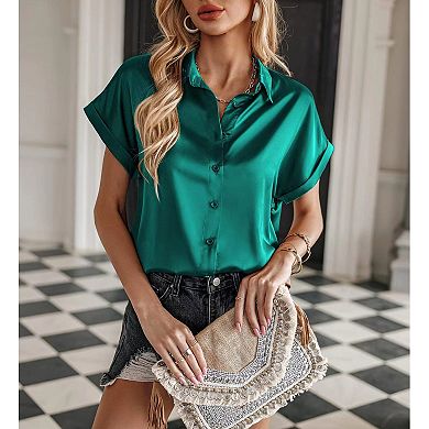 Women's Satin Rolled Cuff Short Sleeve Shirt Button Down Summer Casual Top Loose Fit Blouse