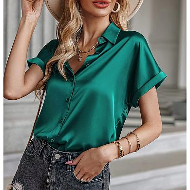 Women's Satin Rolled Cuff Short Sleeve Shirt Button Down Summer Casual Top Loose Fit Blouse