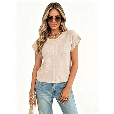 Women's Round Neck Knit Cap Sleeve Sweater Casual Loose Fit Pullover