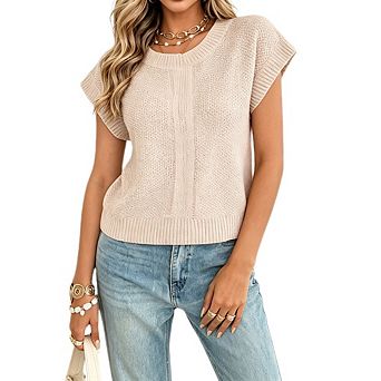 Women's Round Neck Knit Cap Sleeve Sweater Casual Loose Fit Pullover