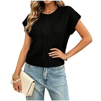 Women's Round Neck Knit Cap Sleeve Sweater Casual Loose Fit Pullover