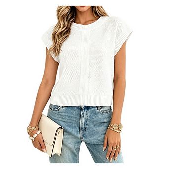 Women's Round Neck Knit Cap Sleeve Sweater Casual Loose Fit Pullover