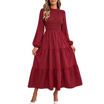 Women's Smocked Tiered Midi Dress Long Sleeve High Neck Casual A-Line Dress