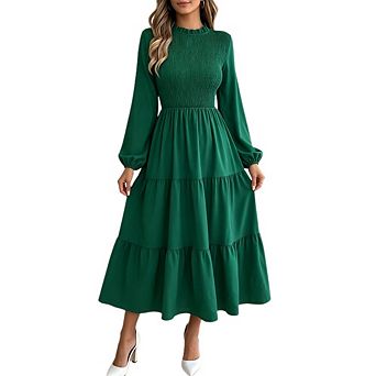 Women's Smocked Tiered Midi Dress Long Sleeve High Neck Casual A-Line Dress